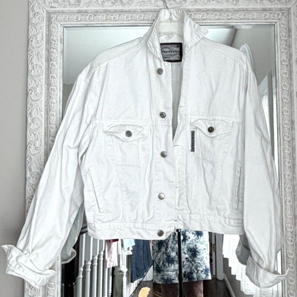 Vintage Y2K White Denim Jacket Cropped Trucker Jacket Minimalist Old Money M